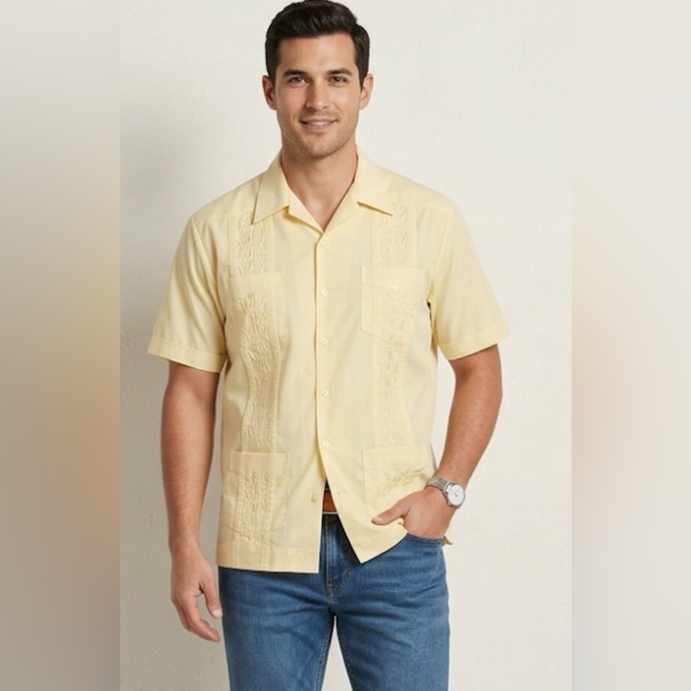 Men’s Newport Blue Yellow Short Sleeve Guayabera Shirt Embroidered 4-Pocket
